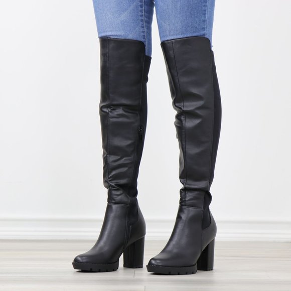 Black Faux Leather Round Toe Thigh High Over The Knee Lug Block Heel Boots - Picture 15 of 15